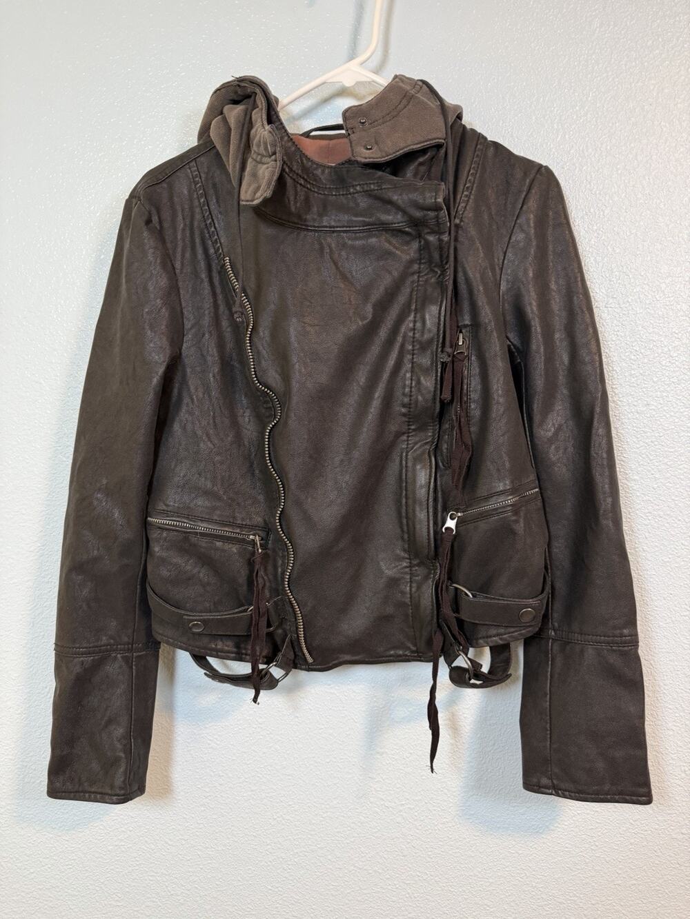 Black Brown Free People Cleo Hooded Vegan Leather Moto Jacket XS Y2K